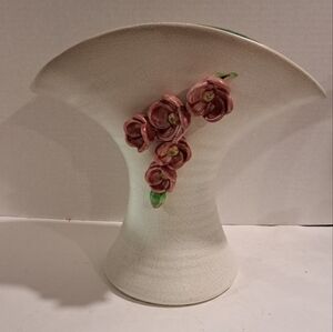 Vintage Pottery Aqua Green And Pink Posy Vase With Applied Pink Flowers.